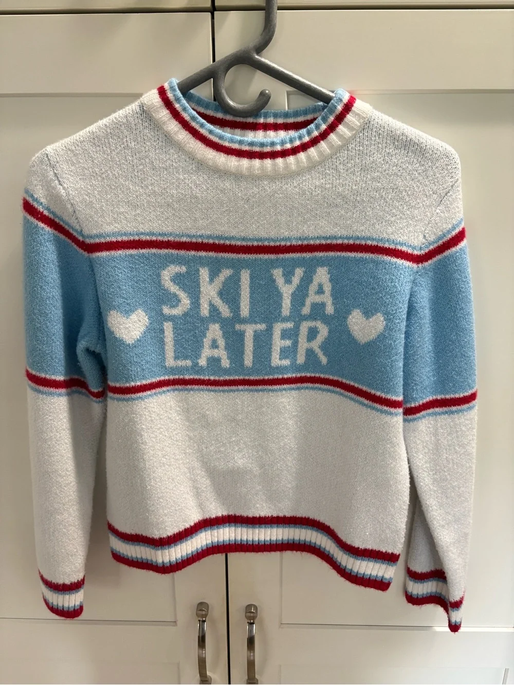 Old Navy Light Blue, White & Red 'Ski Ya Later' Crewneck Sweater